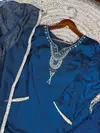 Teal Blue Vichitra Silk With Handwork And Sequins Work Top With Bottom Dupatta Wholesale Price In Surat NNK3043